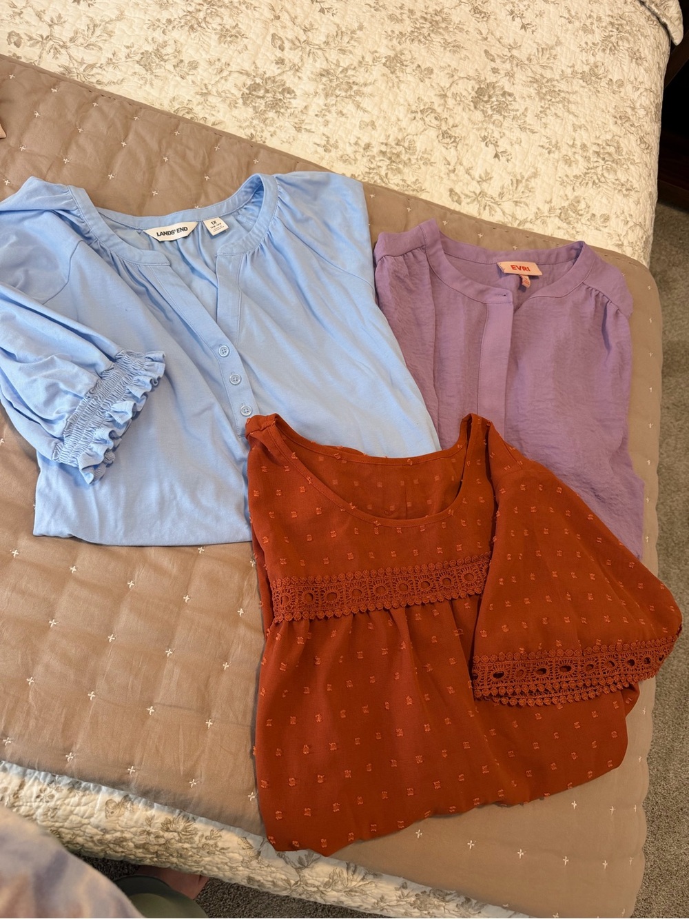Lands' End Three-Pack Women's Blouses in Light Blue, Lavender & Rust